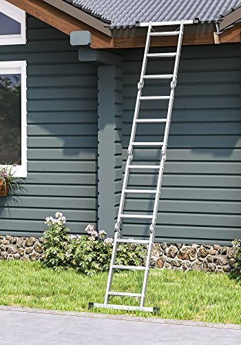 SONGMICS 3,5 m stige, multifunksjonsstige, m. 2 metallplater, 12 trinn, leddet - slv aluminium