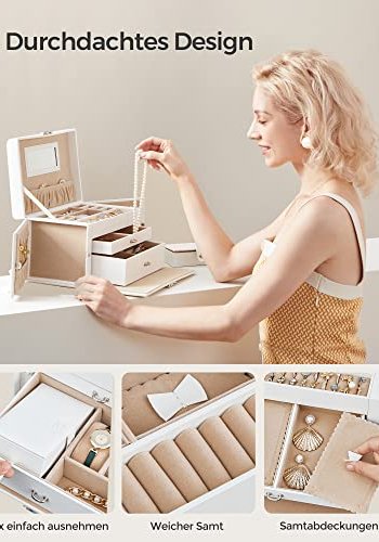 SONGMICS smykkeskrin, m. 2 skuffer, lsbar koffert, speil, transportabel reisekoffert ? hvitt kunstskinn