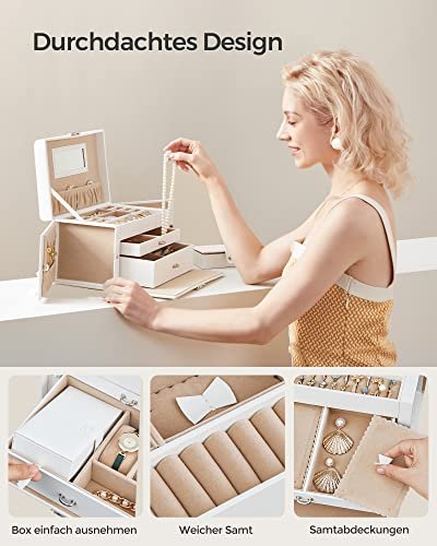 SONGMICS smykkeskrin, m. 2 skuffer, lsbar koffert, speil, transportabel reisekoffert ? hvitt kunstskinn