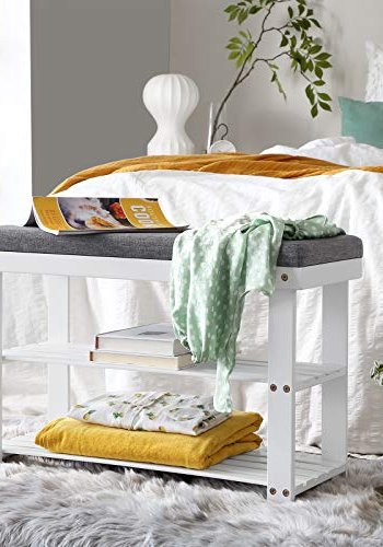SONGMICS inngangsbenk, med gr pute og 2 hyller for sko - hvit bambus (71x29)