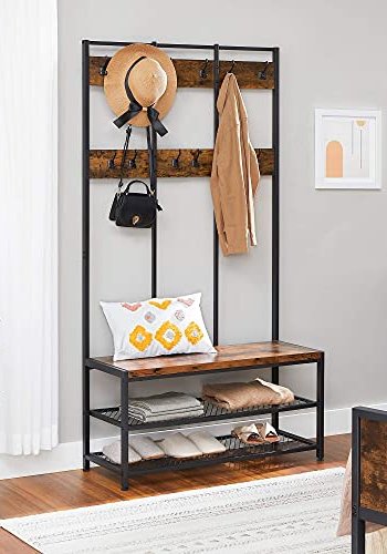 VASAGLE inngangsarrangement, m. 12 kroker, 3 hyller - brun sponplate og sort stl