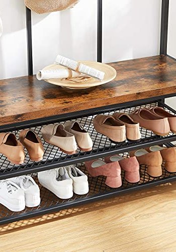 VASAGLE inngangsarrangement, m. 12 kroker, 3 hyller - brun sponplate og sort stl