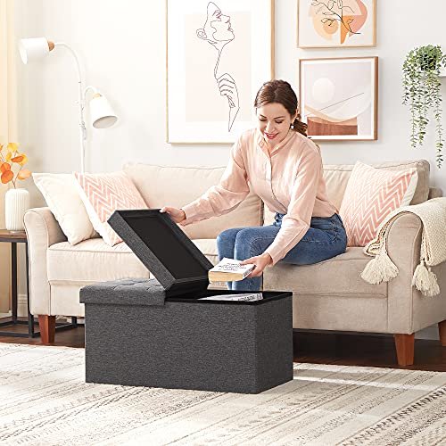 SONGMICS benk, sammenleggbar, med sammenleggbar lokk - mrkegr imitert lin (76x38)