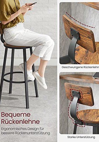 VASAGLE barkrakk, med rygg og fotsttte - brun sponplate og sort stl (sett med 2)