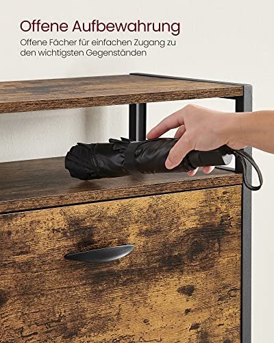 VASAGLE Schuhschrank, mit 3 Flügeltüren und 1 Fach – braune Spanplatte und schwarzer Stahl