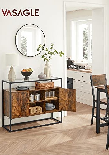 VASAGLE Sideboard, mit 2 Türen und Regal – Hartglas, rustikale braune Spanplatte und schwarzer Stahl