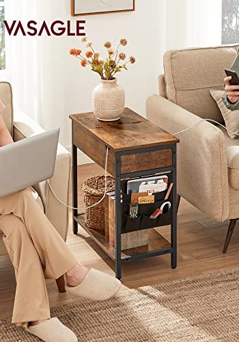 VASAGLE Beistelltisch, mit Ablage, USB-Anschluss, 2 Steckdosen, 1 Ablage, Stofftasche – rustikal braune Spanplatte/Stahl