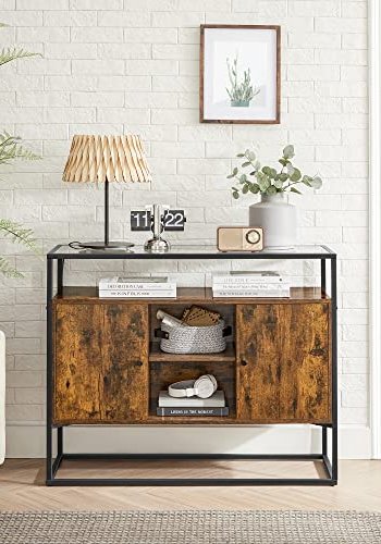 VASAGLE Sideboard, mit 2 Türen und Regal – Hartglas, rustikale braune Spanplatte und schwarzer Stahl