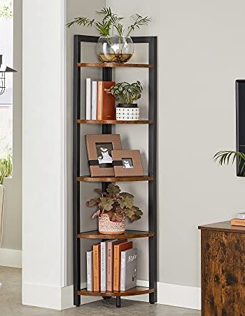 VASAGLE hjrne bokhylle, m. 5 hyller - brun sponplate og sort stl