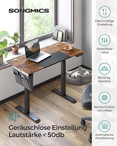 SONGMICS Hevet nedre bord, 4 hyder, med stofflomme - rustikk brun/svart sponplate og stl (120x60)