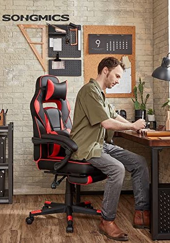 SONGMICS gaming stol, fotsttte, tilt funksjon, nakkesttte, korsryggsttte, armlener, hjul - svart/rd PU