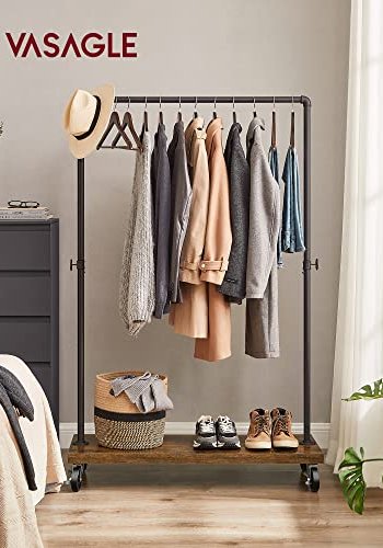 VASAGLE klesstativ, m. 1 hylle og hjul - brun sponplate og sort stl