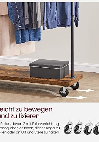 VASAGLE klesstativ, m. 1 hylle og hjul - brun sponplate og sort stl