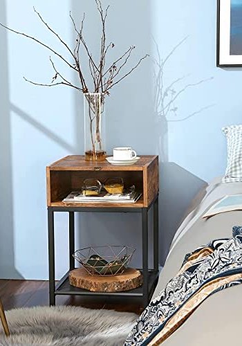 VASAGLE sidebord, 1 mesh ildsted og 1 pen plass - rustikk brun sponplate og svart stl (40x40)