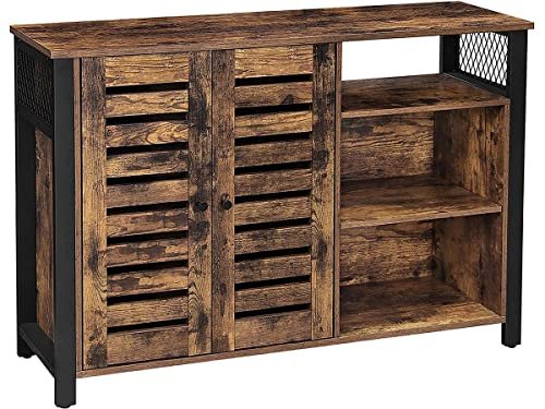 VASAGLE Sideboard, mit 2 Lamellentüren und verstellbaren Einlegeböden – rustikale braune Spanplatte und schwarzer Stahl