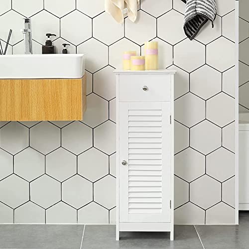 VASAGLE baderomsskap, m. 1 sprossedr, 1 hylle og 1 skuff - hvit MDF