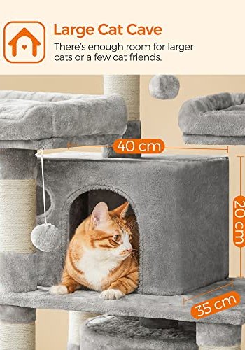 FEANDREA stor skrapestolpe, 5 niver, 3 plattformer, 2 huler, 3 pom-poms - lys gr plysj