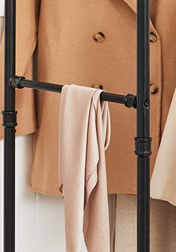 SONGMICS industrirr klesstativ p hjul, maksimal belastning p 110 kg, dobbel hengende skinne, kraftig metall med hylle, kommersiell kvalitet, svart HSR60B