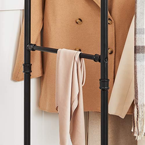 SONGMICS industrirr klesstativ p hjul, maksimal belastning p 110 kg, dobbel hengende skinne, kraftig metall med hylle, kommersiell kvalitet, svart HSR60B