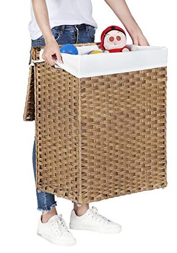 SONGMICS skittentyskurv, med lokk, hndtak, sammenleggbart, avtagbart fr - bomull og naturlig polyrattan