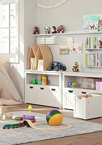 VASAGLE barnebokhylle, m. 1 rom og 3 bokser med hjul - hvit MDF