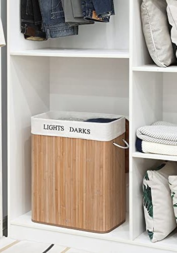 SONGMICS skittentyskurv, sammenleggbar, m. 1 lokk, 2 rom, avtagbar vaskepose - bomull og naturlig bambus