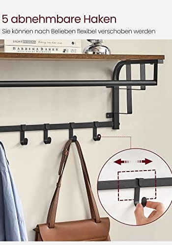 VASAGLE Hutablage, mit Kleiderstange und 5 abnehmbaren Haken – rustikale braune Spanplatte und schwarzer Stahl