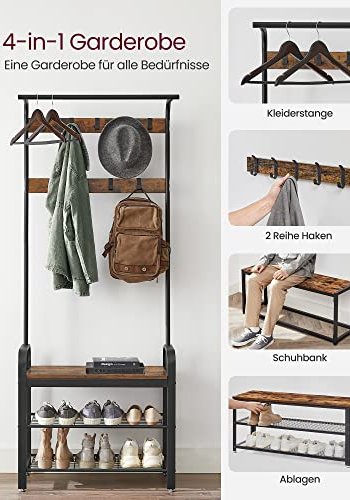 VASAGLE Flurregal, mit 9 Haken, 1 Kleiderstange, 3 Ablagen – braunes MDF und schwarzer Stahl