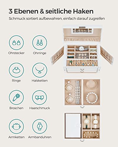 SONGMICS smykkeskrin, m. 2 skuffer, lsbar koffert, speil, transportabel reisekoffert ? hvitt kunstskinn