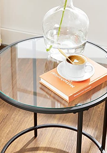 VASAGLE runt sidobord, litet soffbord, sidobord i härdat glas med stlram, nattduksbord, vardagsrum, balkong, svart LGT020B01