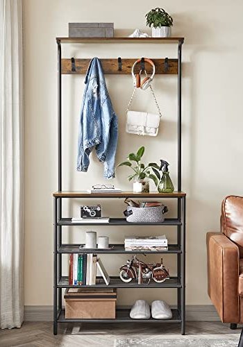 VASAGLE klädhängare, hall i trä med skoförvaring, 5-facks skohylla i olika höjder, 5 dubbelkrokar, översta hyllan, hall, sovrum lägenhet, industriell, rustik brun och svart HSR408B01