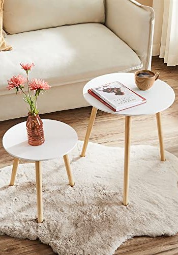 VASAGLE Beistelltisch, rund – weißes MDF und Kiefer natur (2er-Set)