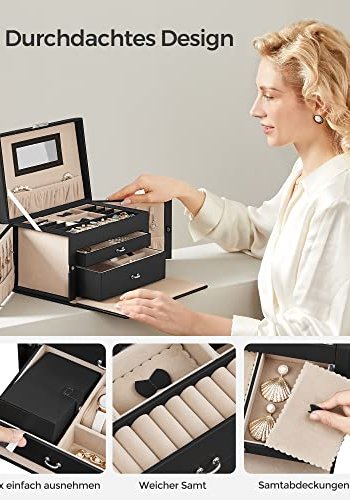 SONGMICS smykkeskrin, m. 2 skuffer, speil, reiseveske - sort kunstskinn