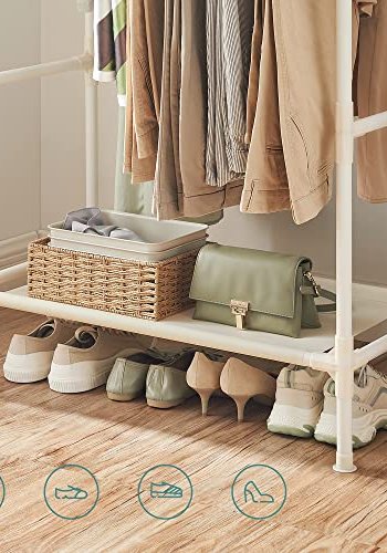 SONGMICS RDR01WT Klädhängare i metall med 2 hängskenor och 1 hylla, Belastar upp till 70 kg, Enkel montering, Vit