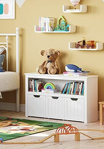 VASAGLE barnebokhylle, m. 1 rom og 3 bokser med hjul - hvit MDF