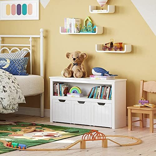 VASAGLE barnebokhylle, m. 1 rom og 3 bokser med hjul - hvit MDF