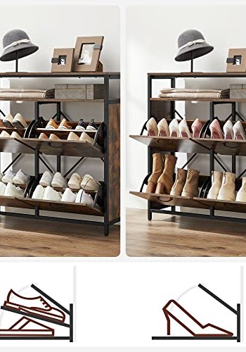 VASAGLE Schuhschrank, mit 4 Flügeltüren und 1 Einlegeboden – rustikale braune Spanplatte und schwarzer Stahl