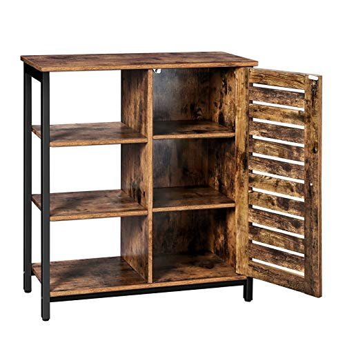 VASAGLE Schrank, mit 1 Lamellentür und 4 Einlegeböden – rustikale braune Spanplatte und schwarzer Stahl