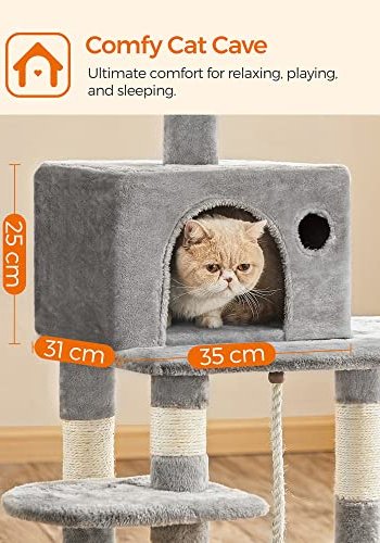 FEANDREA skrapestolpe, 5 niver, 2 plattformer, 1 hule, 2 pom-poms, 1 hengekye - lys gr plysj