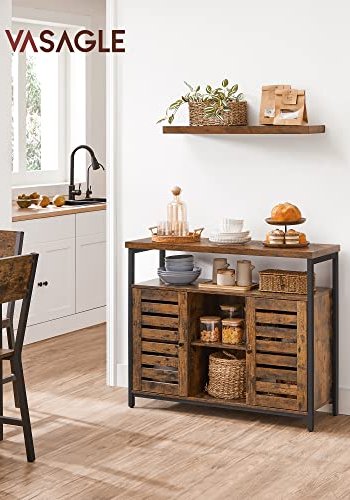 VASAGLE Schrank, mit 2 Lamellentüren, 1 offenem Fach und 2 Einlegeböden – rustikale braune Spanplatte und schwarzer Stahl