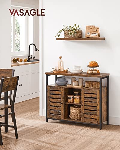 VASAGLE Schrank, mit 2 Lamellentüren, 1 offenem Fach und 2 Einlegeböden – rustikale braune Spanplatte und schwarzer Stahl