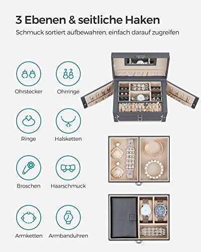 SONGMICS smykkeskrin, lsbar, m. 3 lag, reiseveske, 2 skuffer, speil - gr PU