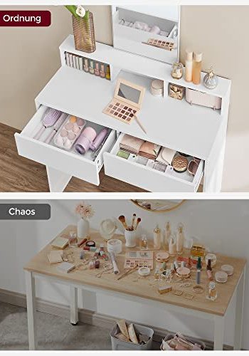 VASAGLE Schminktisch, mit Spiegel, 2 Schubladen, 3 Fächern – Spiegelglas und weißes Melamin (80x40)
