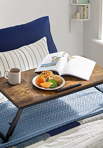 SONGMICS Brbart skrivebord ved sengen, justerbar vippetopp, sammenleggbare ben, skuff - mrk brun bambus