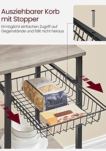 VASAGLE kjkkenhylle, m. 6 S-kroker, trdkurv og 6 hyller - greige sponplater og sort stl