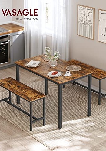 VASAGLE spisebord med 2 benker - rustikk brun sponplate og sort stl