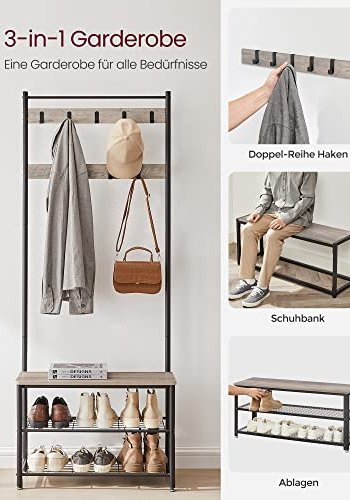 VASAGLE inngangsarrangement, m. 9 kroker, 3 hyller - greige sponplater og sort stl