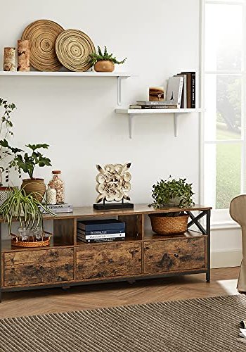 VASAGLE TV-Ständer mit 3 offenen Fächern und 3 Schubladen – rustikale braune Spanplatte und schwarzer Stahl (147 x 40)