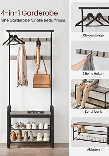 VASAGLE Flurregal, mit 9 Haken, 1 Kleiderstange, 3 Ablagen – graue Spanplatte und schwarzer Stahl