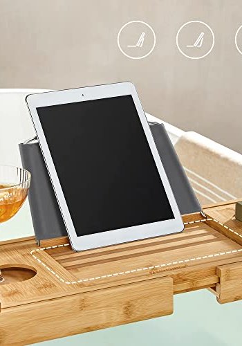 SONGMICS Badewannentablett, ausziehbar, mit Getränkehalter, Buchstütze, Seifenhalter – Bambus natur
